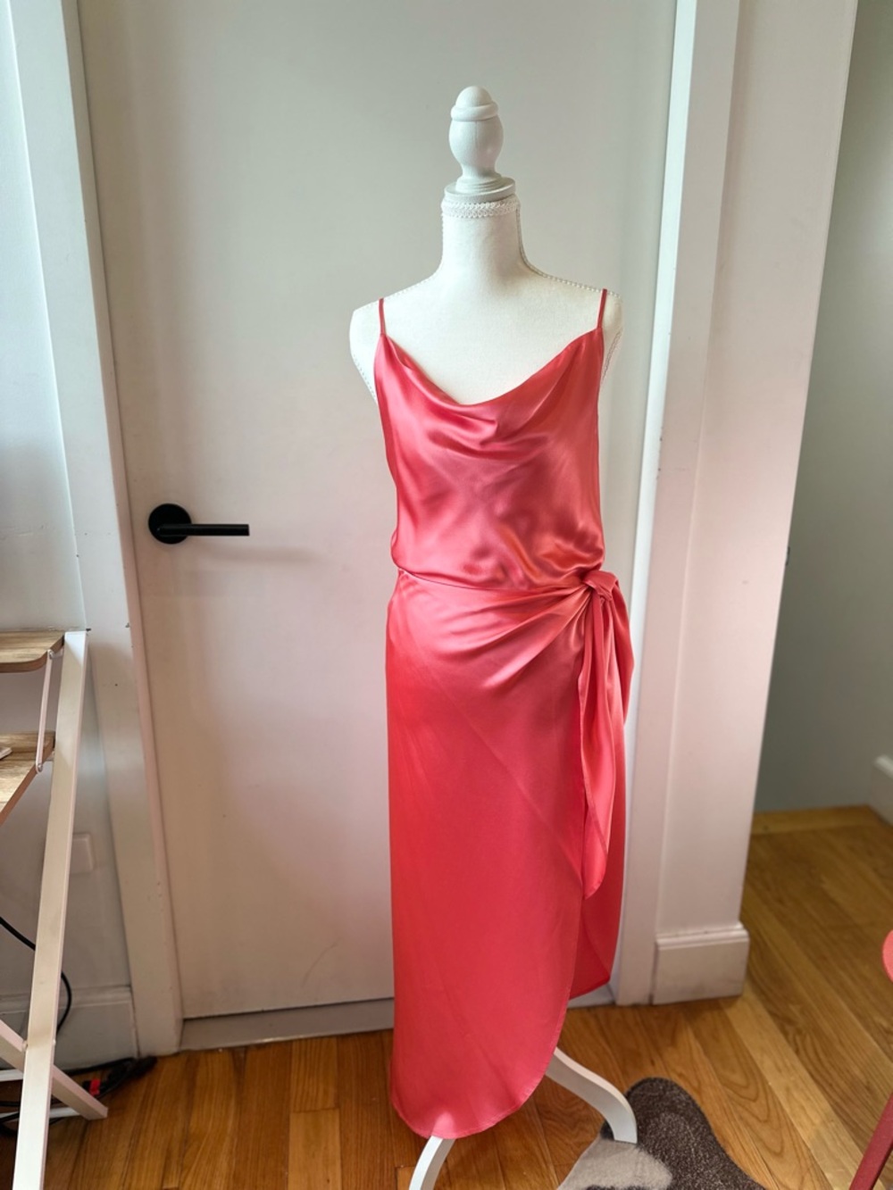 L’Agence Satin Cowl Neck Coral Slip Dress with Side Tie